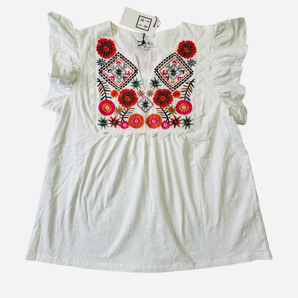 THLM Women’s NEW Embroidered Flutter Sleeve Top Sz.Sm Boho Resortwear Casual